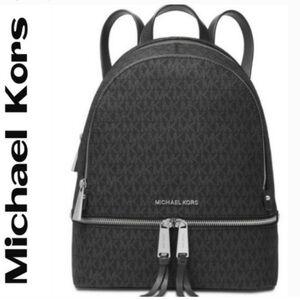 Michael Kors Rhea Medium Signature Backpack Handbag Black with Silver Hardware